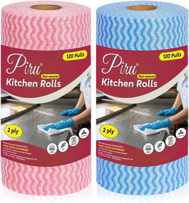 Kitchen Washable Rolls for Home and Office- Pack of 2 Kitchen Printed Tissue Rolls - Non-Woven Reusable and Washable Kitchen Printed Tissue Rolls - 2 Rolls - 240 Wipes Pull per roll - Total 240 pulls