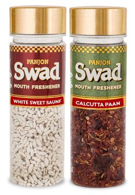 Panjon Swad White Sweet Saunf & Calcutta Paan (Mukhwas Mouth Fresheners) 2 Bottles, 220g