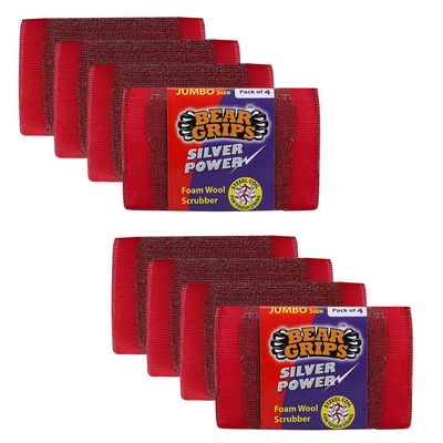 BEAR GRIPS Silver Power Foam/Sponge Wool Scrubber with Steel Loops for Tough Oily Stains Dish Washing - Jumbo Size - Pack of 8