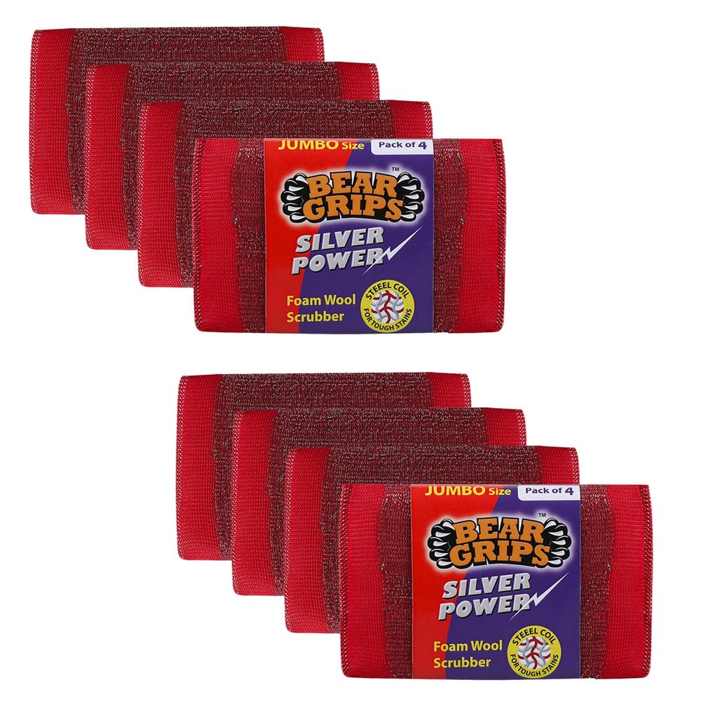 BEAR GRIPS Silver Power Foam/Sponge Wool Scrubber with Steel Loops for Tough Oily Stains Dish Washing - Jumbo Size - Pack of 8