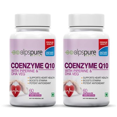 Alpspure Nutra Coenzyme Q10 / COQ10 100Mg High Absorption With Piperine & Dha Veg (60 Veg Capsules Each) Rich in Antioxidant, Promotes Heart Health & Boost Energy pack of -2