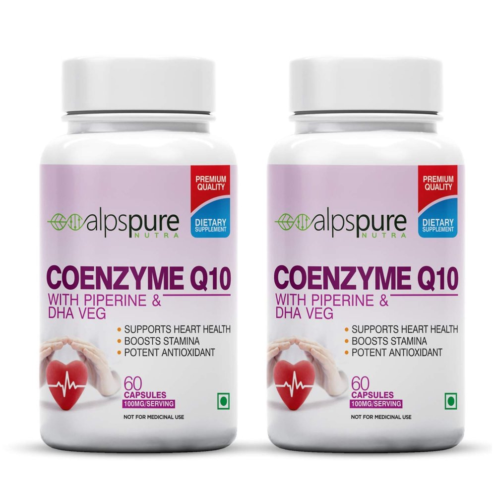 Alpspure Nutra Coenzyme Q10 / COQ10 100Mg High Absorption With Piperine & Dha Veg (60 Veg Capsules Each) Rich in Antioxidant, Promotes Heart Health & Boost Energy pack of -2
