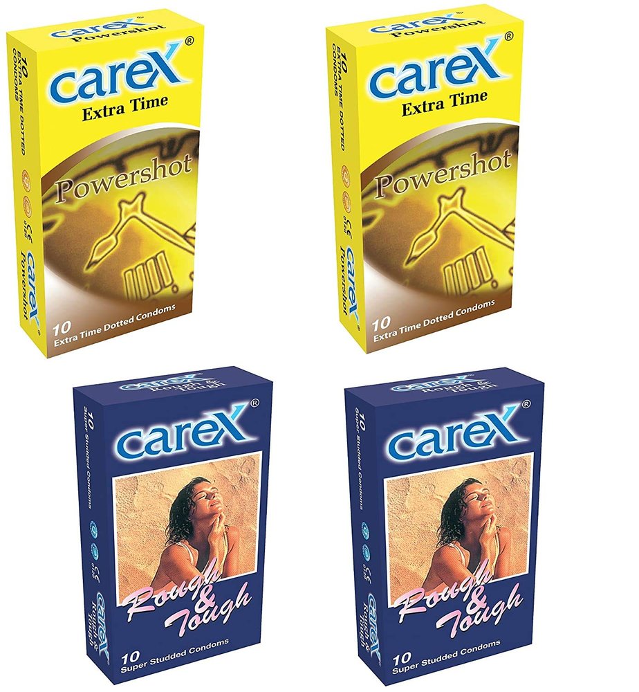 CareX Powershot and Rough & Tough Condoms (Super Studded & Extra Time Dotted) - Pack of 4 | (Combo)
