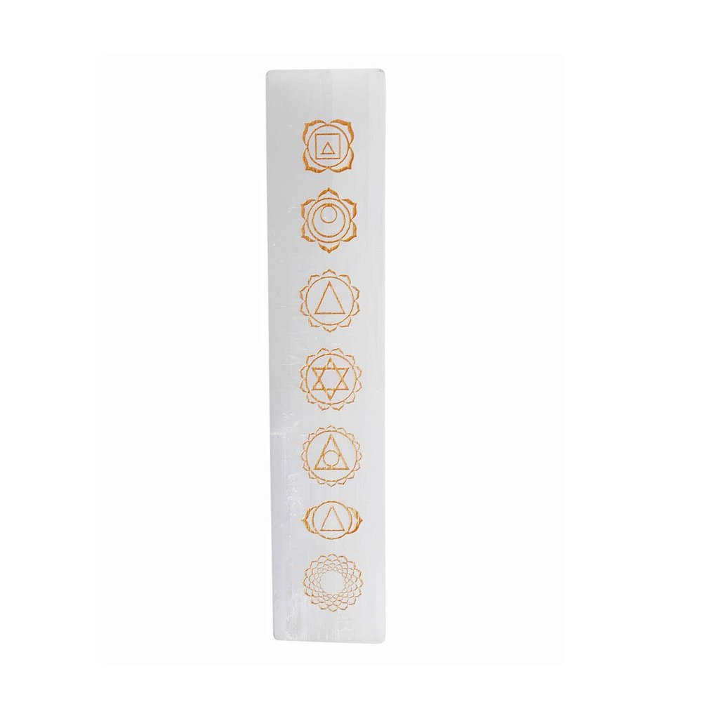 9Dzine Selenite Seven Chakra Golden Symbols Engraved Selenite Stick/Plate/Wands for Yoga Meditation Balancing Rekhi Selenite Charging Plate(White)(19.5 Cm)