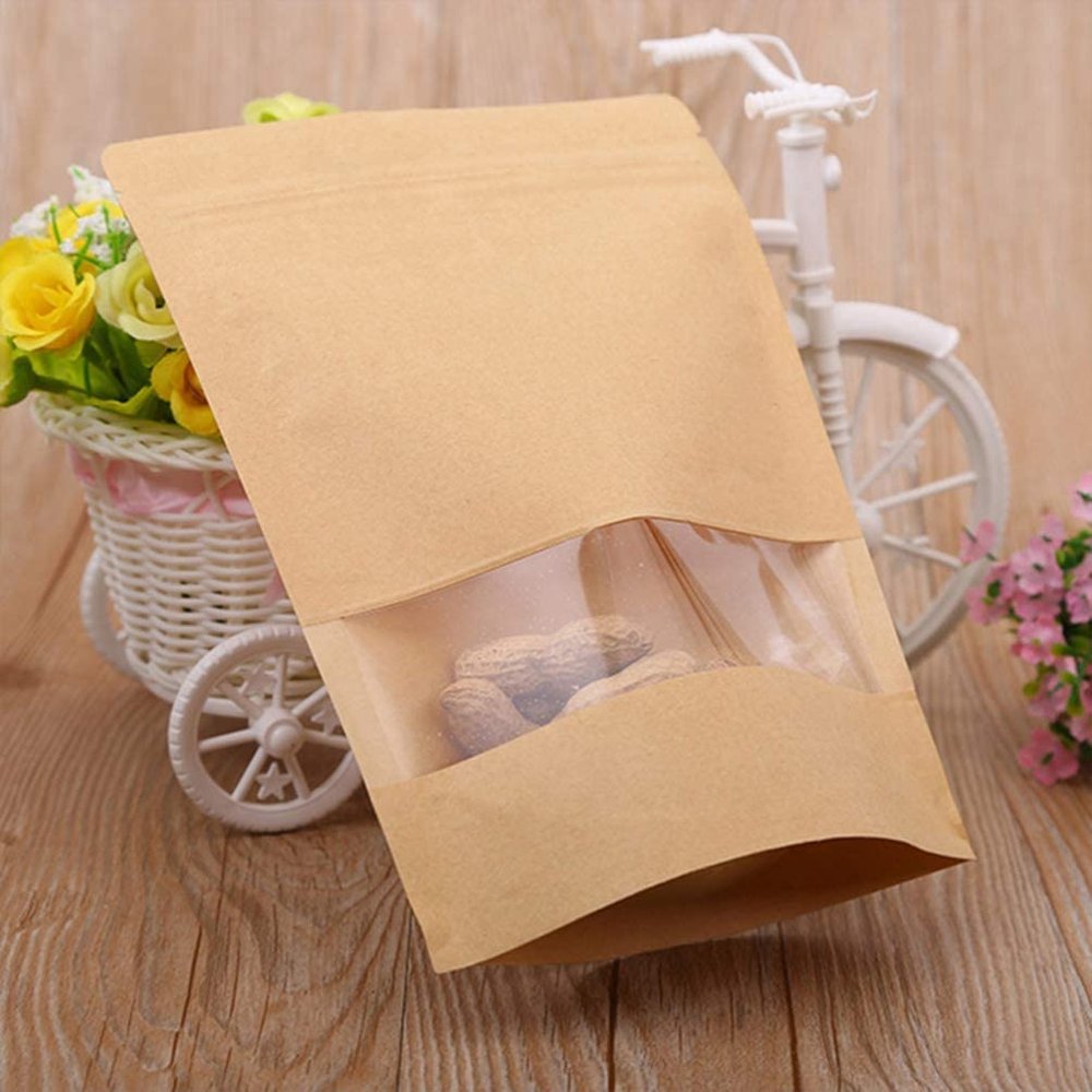 PanPack 100pcs Kraft Stand Up Pouches, Zip Lock Stand Up Bags Wth Matte Rectangular Window, Reusable for Home or Business, 6 x 9 Inches