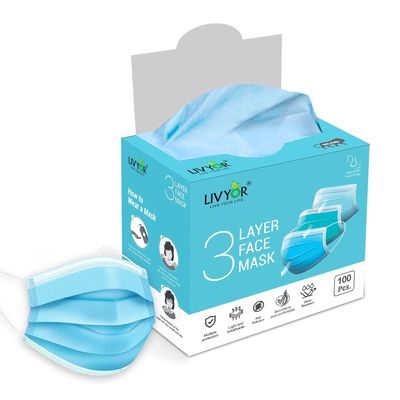 LIVYOR Non-Woven Fabric Breathable Ultra Soft Ear Loops Surgical 3 Layer Disposable Without Valve Face Mask with Nose Clip for Unisex - Pack of 100 (Blue)