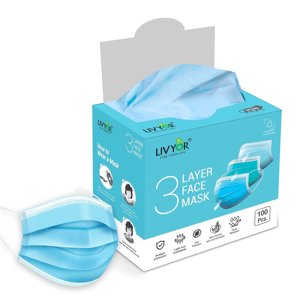 LIVYOR Non-Woven Fabric Breathable Ultra Soft Ear Loops Surgical 3 Layer Disposable Without Valve Face Mask with Nose Clip for Unisex - Pack of 100 (Blue)