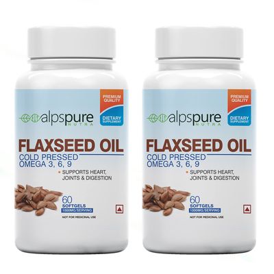 Alpspure Nutra Flaxseed Oil 1000Mg Omega 3-6-9 (Pack of 2-60 Softgel Capsules Each) | Natural Omega 3,6,9 Supplement | Promotes Healthy Heart, Joints, Skin, Brain & Digestion | For Men & Women