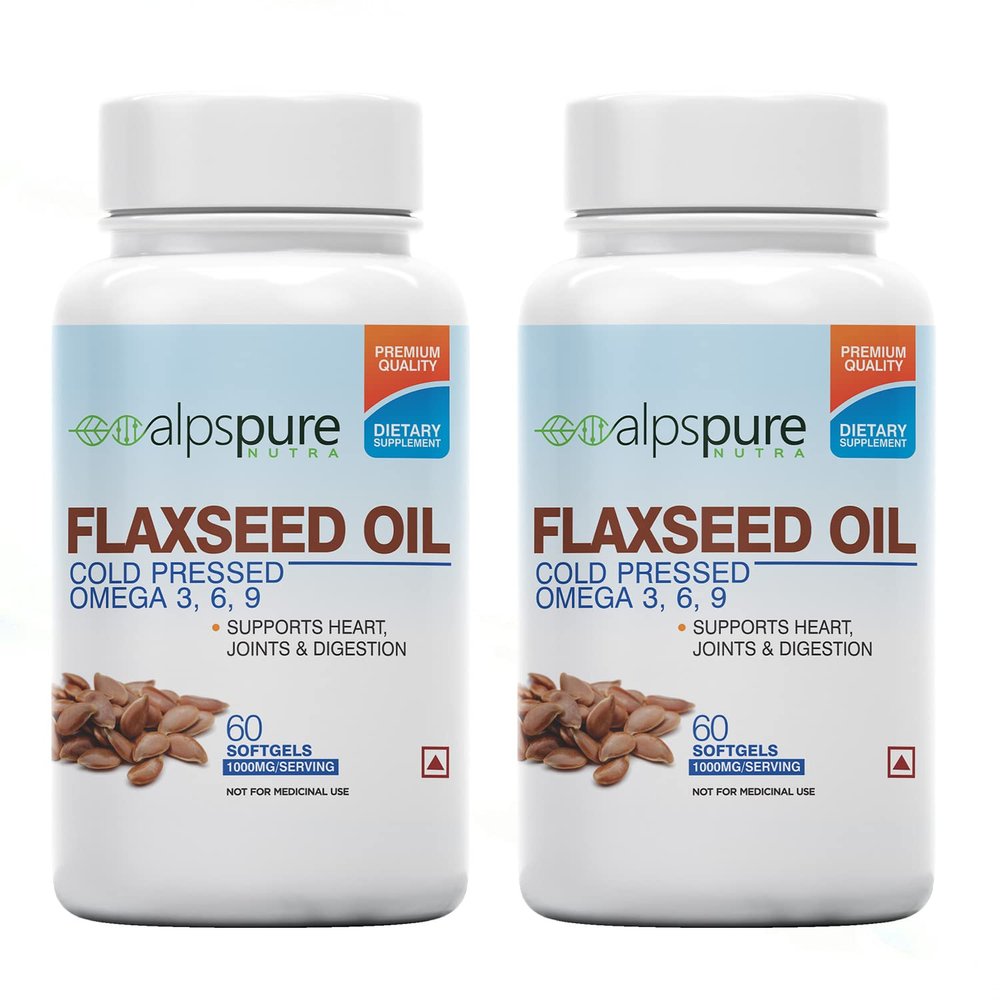 Alpspure Nutra Flaxseed Oil 1000Mg Omega 3-6-9 (Pack of 2-60 Softgel Capsules Each) | Natural Omega 3,6,9 Supplement | Promotes Healthy Heart, Joints, Skin, Brain & Digestion | For Men & Women