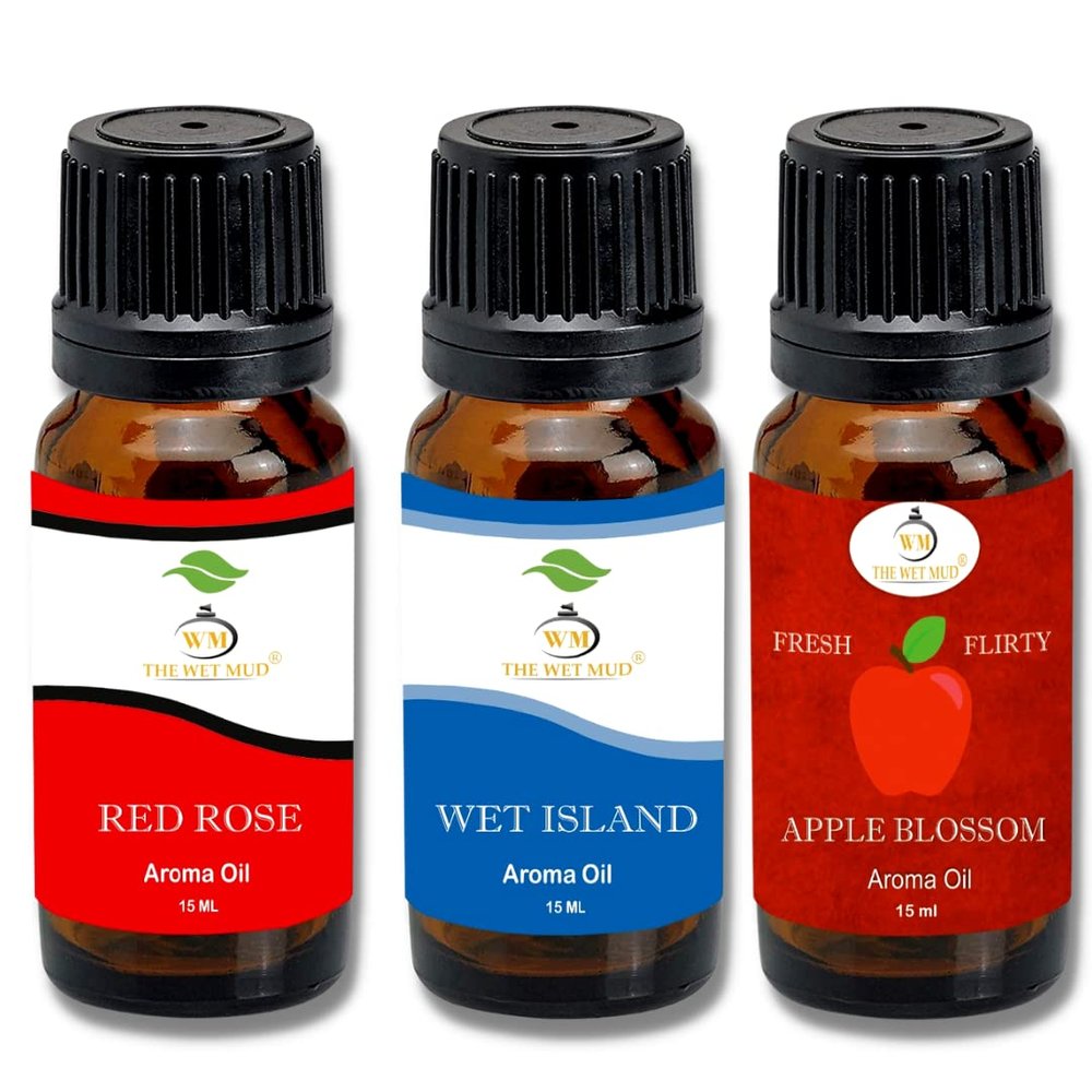 WM-The Wet Mud, Essential Aroma Oils Pack for Diffusers (Red Rose, Wet Island & Apple Blossom)-15 ml each| Set of 3 in 1
