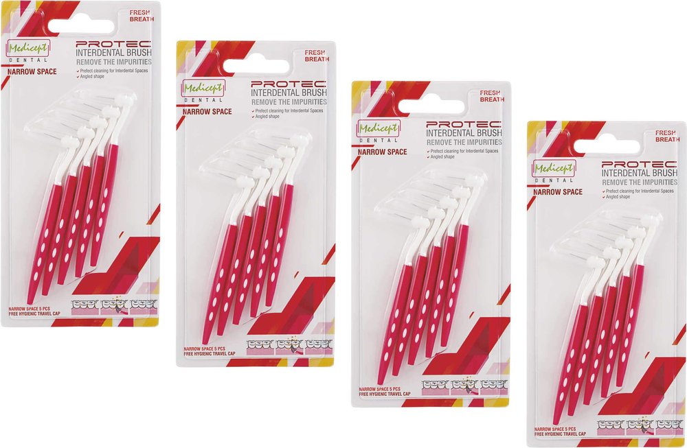 MEDICEPT DENTAL Medicept Protec Angled Interdental Manual Brush Narrow Space (Pink) - Pack Of 4., Adult