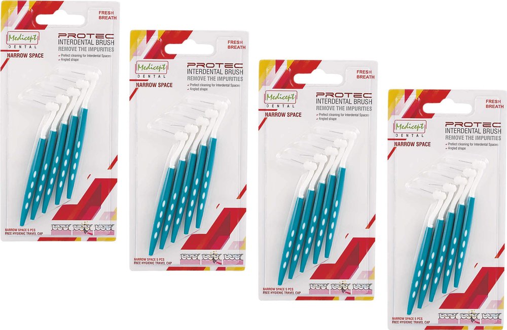 MEDICEPT DENTAL Protec Angled Interdental Brush Narrow Space (Green) - Pack Of 4., Manual, Adult
