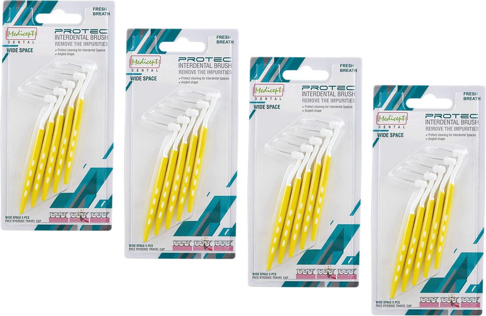 MEDICEPT DENTAL Protec Angled Interdental Brush Wide Space (Yellow)- Pack Of 4., Manual, Adult