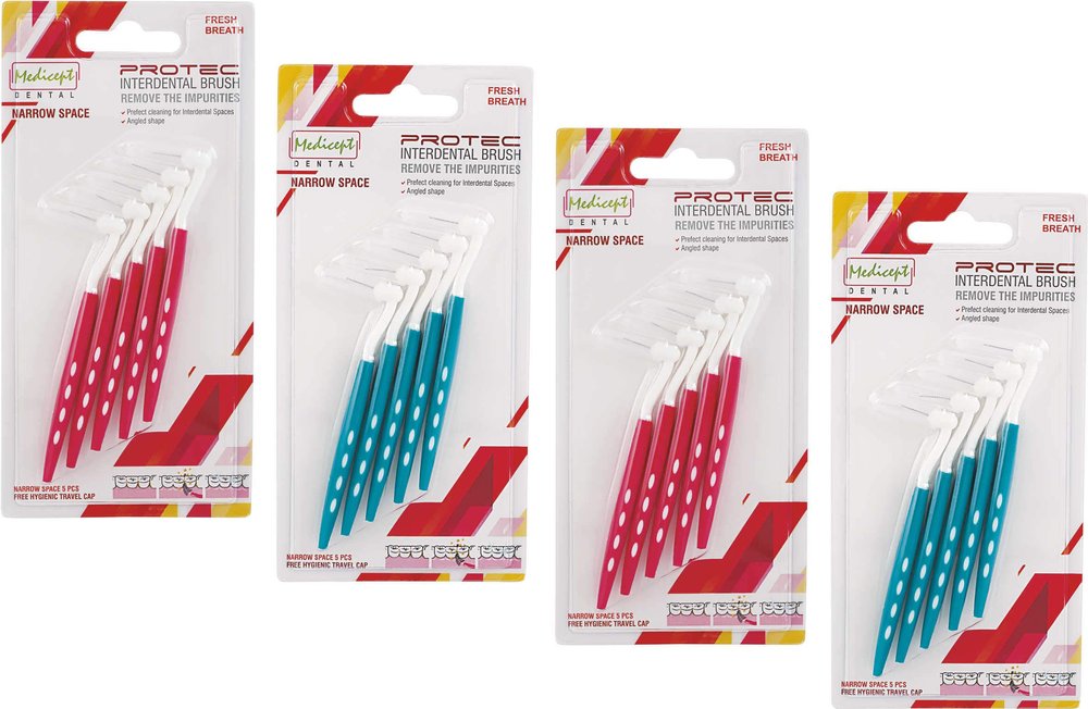 MEDICEPT DENTAL Protec Angled Interdental Brush Narrow Space Assorted (2 X Pink And 2 X Green)- Pack Of 4, Manual, Adult