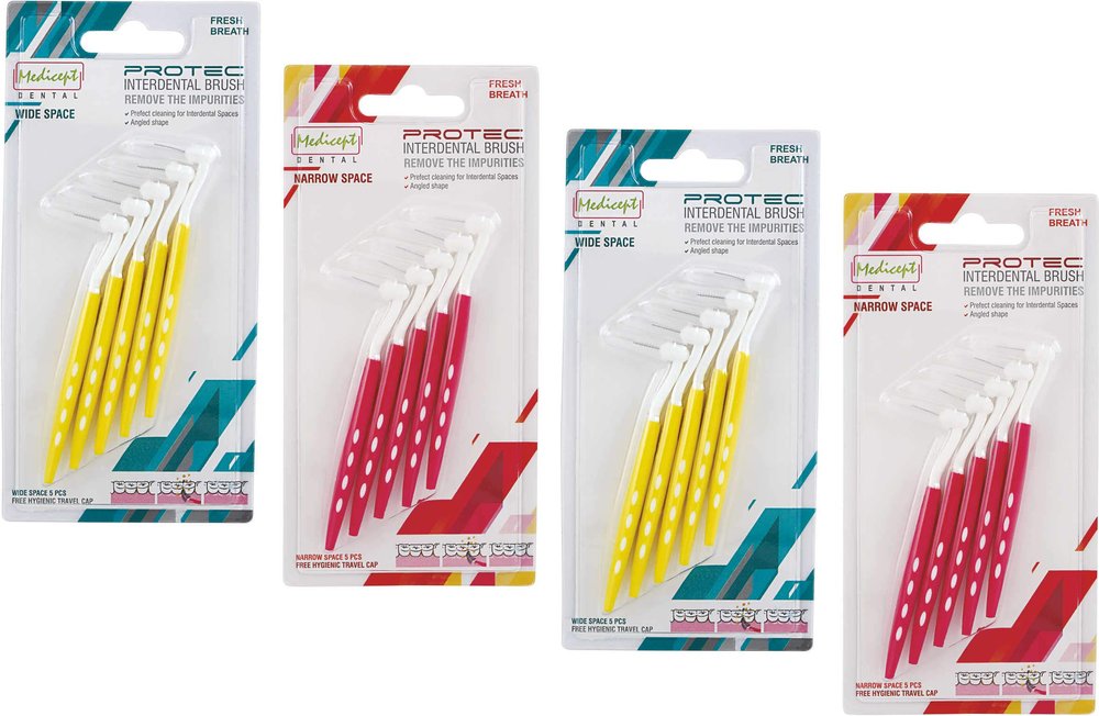 MEDICEPT DENTAL Protec Angled Interdental Brush Narrow And Wide Space Assorted (2 X Yellow And 2 X Pink)- Pack Of 4, Manual, Adult