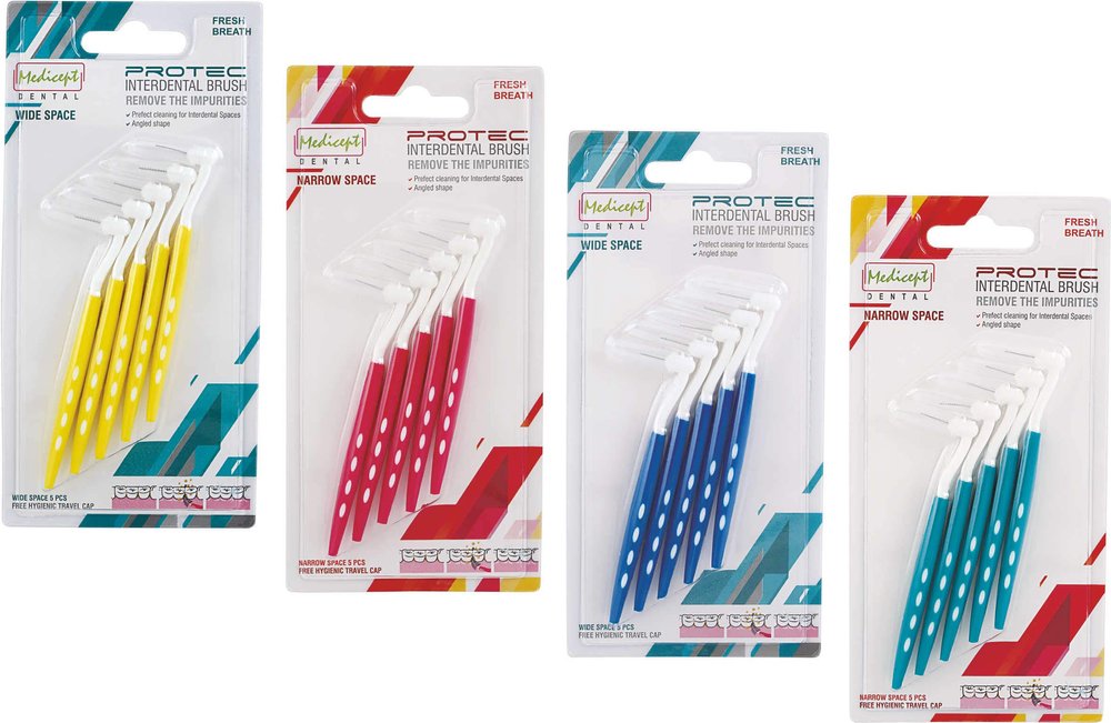 MEDICEPT DENTAL Medicept PROTEC Angled Interdental manual Brush Narrow and Wide Space for adults, Assorted (1xYellow, 1xBlue, 1xPink, 1xGreen) - Pack of 4.