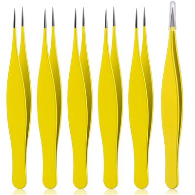 6 Pieces Pointed Tweezers Ingrown Hair Tweezers Precision Needle Point Tip Tweezers Stainless Steel Tweezers for Nose Facial Hair Eyebrow Blackhead Remover (Yellow)