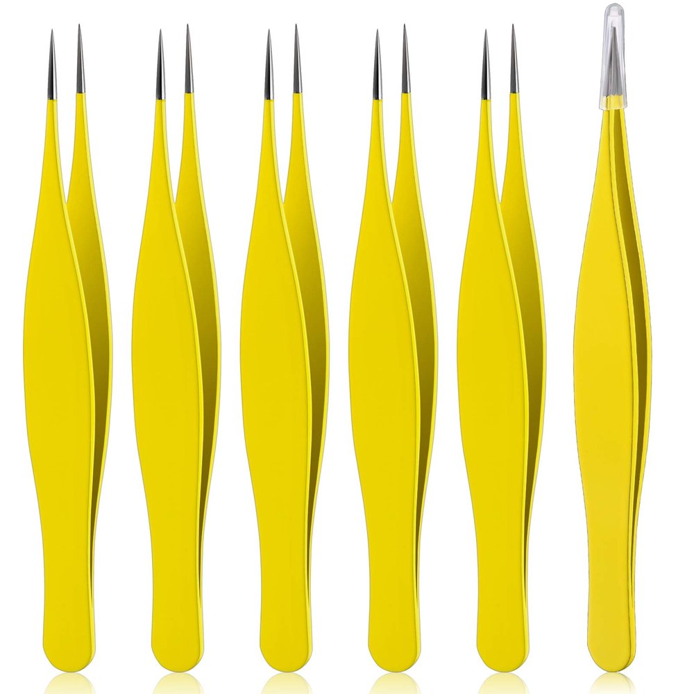 6 Pieces Pointed Tweezers Ingrown Hair Tweezers Precision Needle Point Tip Tweezers Stainless Steel Tweezers for Nose Facial Hair Eyebrow Blackhead Remover (Yellow)