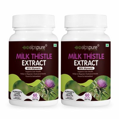 Alpspure Nutra Milk Thistle Extract Tablets -80% Silymarin | Liver Support & Detox Supplement (60 Tablets Each) Helps in Cleanse Liver for Men and Women pack of-2