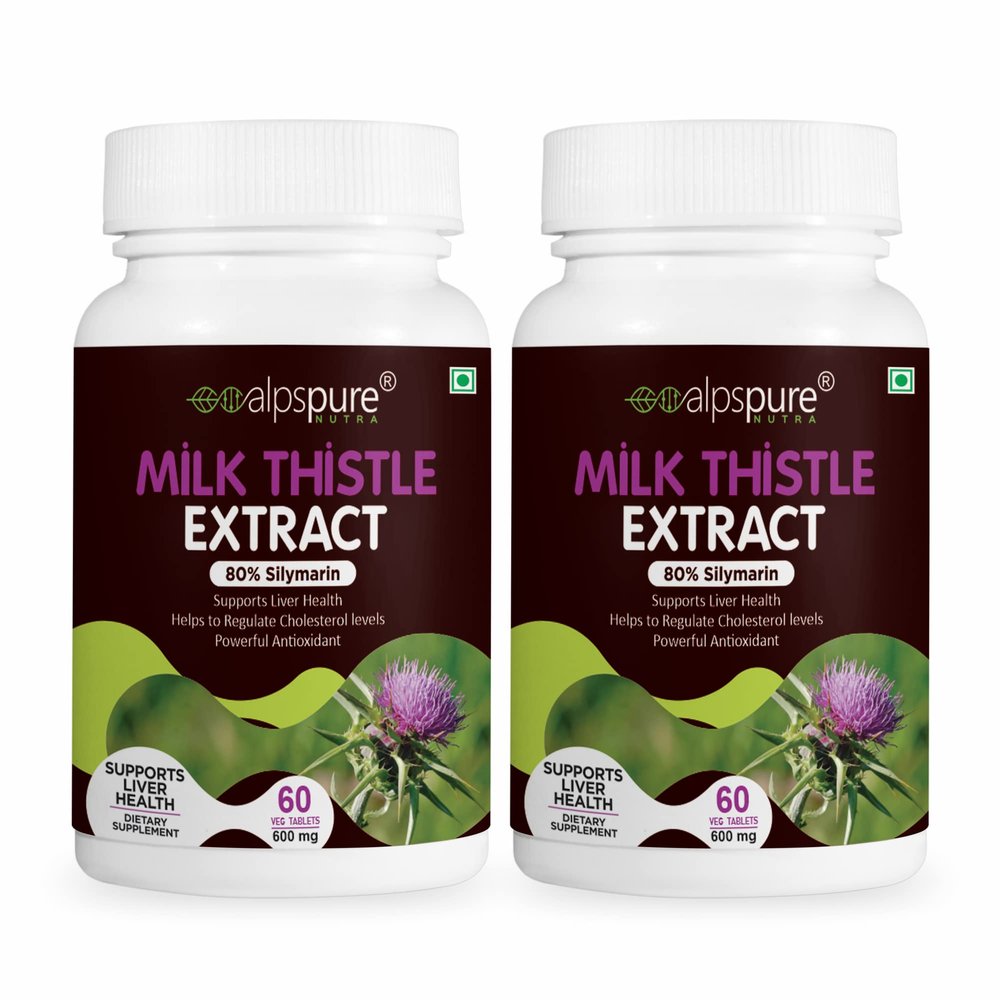 Alpspure Nutra Milk Thistle Extract Tablets -80% Silymarin | Liver Support & Detox Supplement (60 Tablets Each) Helps in Cleanse Liver for Men and Women pack of-2