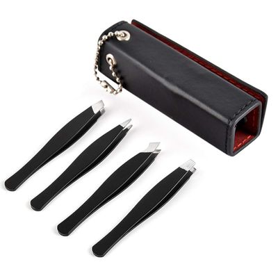 4Pcs Eyebrow Grooming Trimming Kit Ingrown Hair Removal Precision Stainless Steel Tweezers with Leather Case for Eyebrows
