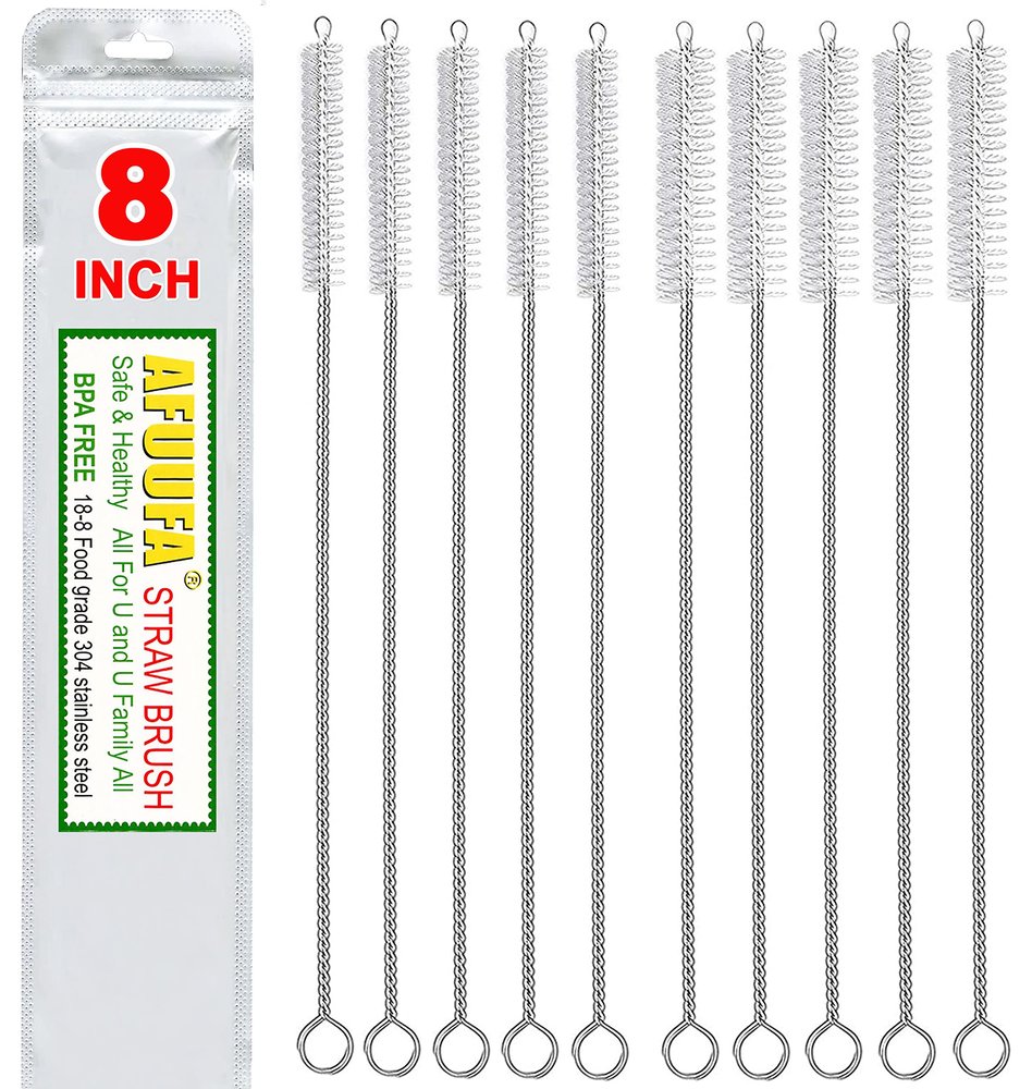 AFUUFA Straw Cleaner Brush Set 10 Pack, 5-Piece 8' x 8mm & 10mm Straw Brushes, Nylon & Stainless Steel, Durable, Perfect for Hummingbird Feeders & Reusable Straws