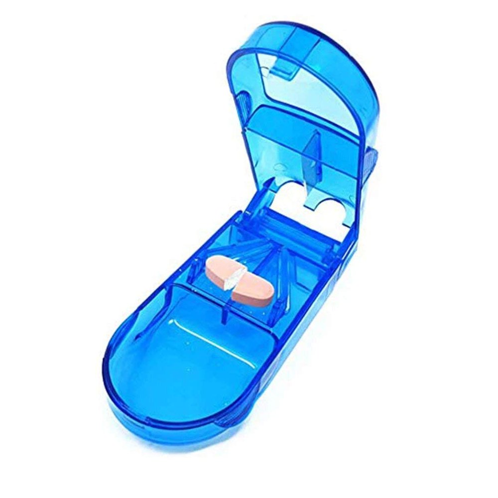 DEBIK transparent Medicine Pill Case Tablet Cutter Splitter Divide Safe Storage Compartment Box, Cuts Pills, Vitamins, Tablets, Stainless Steel Blade, Travel Sized, Multicolor- (Pack of 1)