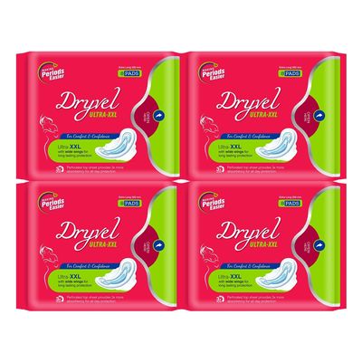 Dryvel Ultra-XXL Sanitary Pads | 320mm Extra Long | 3X Heavy Flow Protection | Odour Control | Wide Wings | Soft & Breathable | Hypoallergenic | Pack for Women & Girls (8 Pads, 32, count)