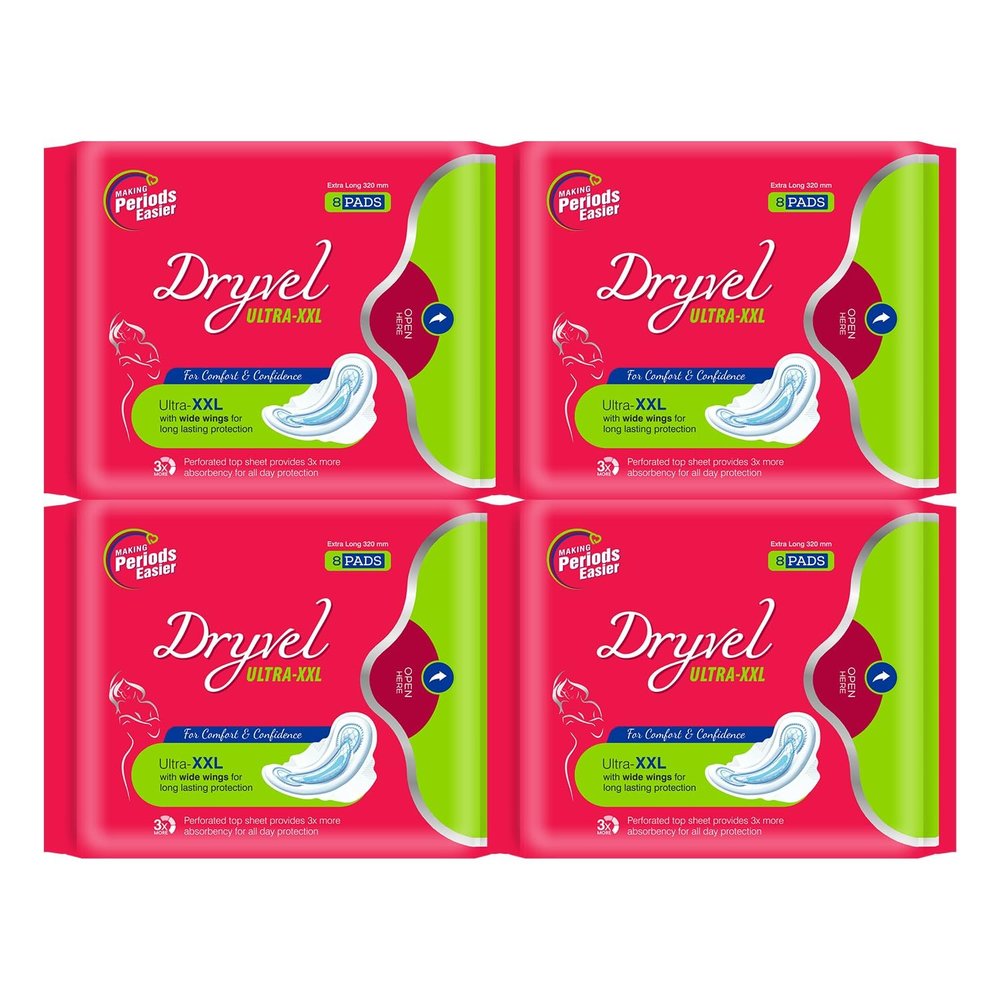 Dryvel Ultra-XXL Sanitary Pads | 320mm Extra Long | 3X Heavy Flow Protection | Odour Control | Wide Wings | Soft & Breathable | Hypoallergenic | Pack for Women & Girls (8 Pads, 32, count)