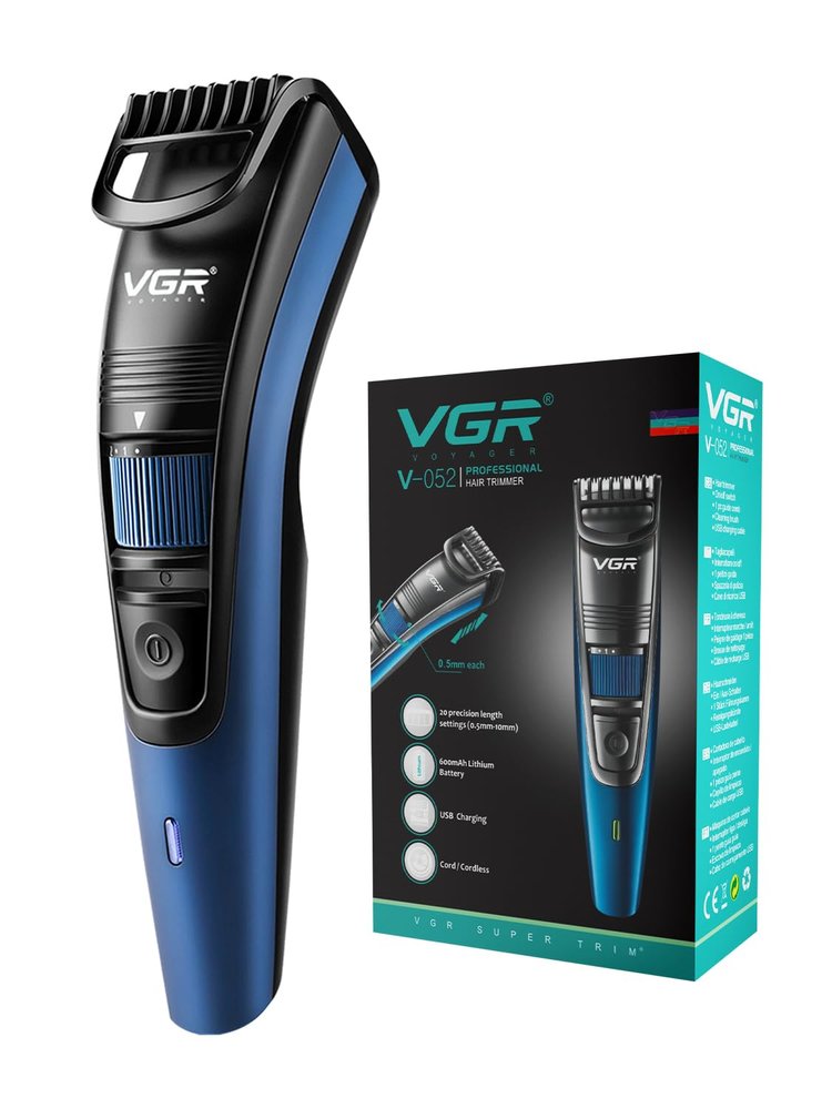 VGR V-052 Professional Hair Trimmer for men with 20 Precision Length Settings | 120 Min Runtime | USB Charging | Washable Head | Cord & Cordless (Blue)
