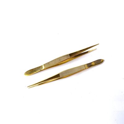 2 pieces Splinter Forceps Tweezers FINE Point 4.5" Gold