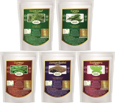 Biotic Natural Neem Leaf, Karela, Gurmar, Belpatra and Jamun Seeds Powder - 250gm (50gm each)