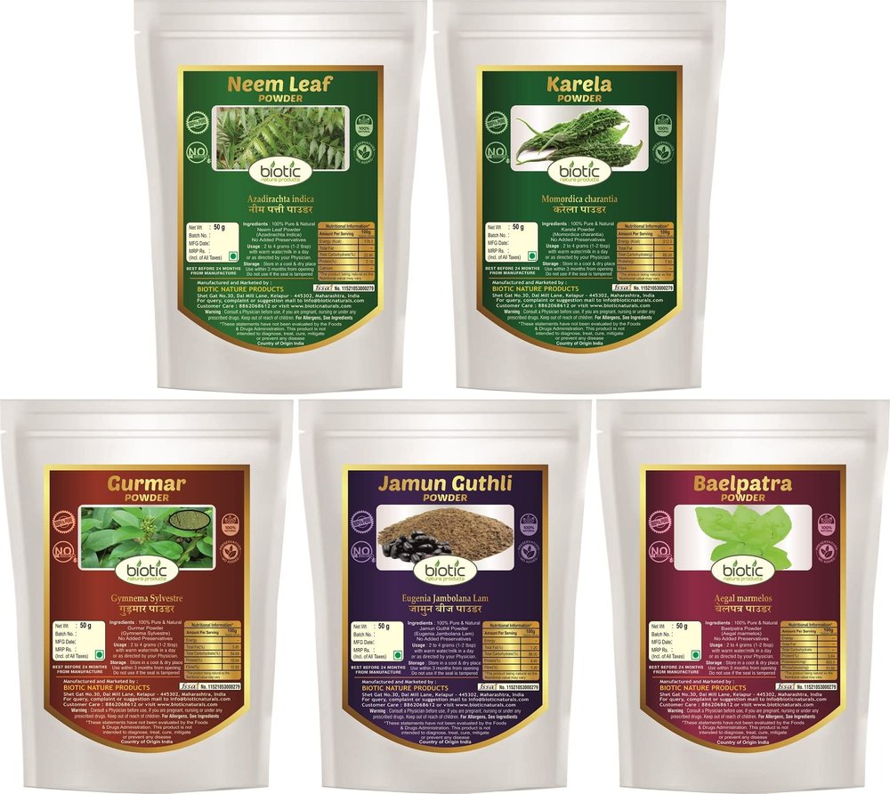 Biotic Natural Neem Leaf, Karela, Gurmar, Belpatra and Jamun Seeds Powder - 250gm (50gm each)