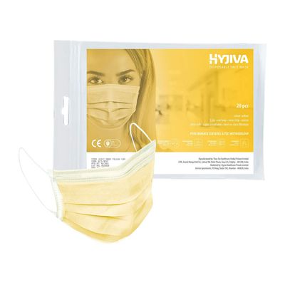 Hyjiva Polypropylene Disposable Face Mask - 3-Ply, Ear Loop, Nose Strip, Unisex, Ultra-Soft, Super-Breathable (Pack Of 20, Yellow)