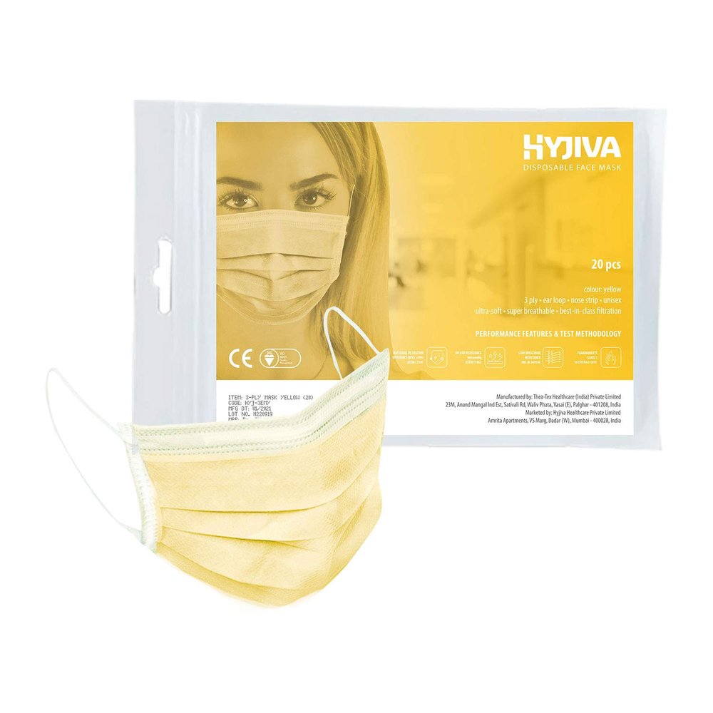 Hyjiva Polypropylene Disposable Face Mask - 3-Ply, Ear Loop, Nose Strip, Unisex, Ultra-Soft, Super-Breathable (Pack Of 20, Yellow)