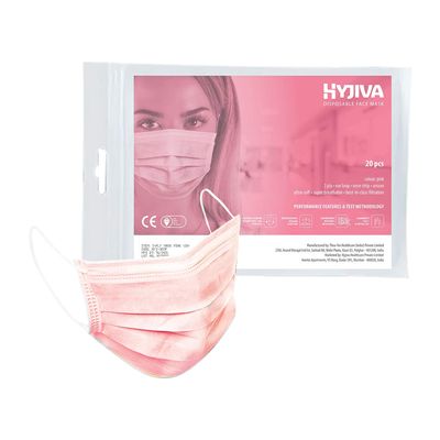 Hyjiva Polypropylene Disposable Face Mask - 3-Ply, Ear Loop, Nose Strip, Unisex, Ultra-Soft, Super-Breathable (Pack Of 20, Pink)