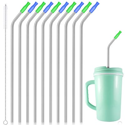 10 Pieces 14 Inch Stainless Steel Straw 100 oz Drinking Straw with 10 Silicone Tips and 1 Cleaning Brush for Wide Insulated Travel Mug, Travel Foam Mug (Silver)