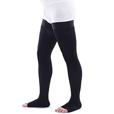 JUST CARE Compression Stockings for Men and Women, Thigh High Length, Points, Open Toe (L, Black)