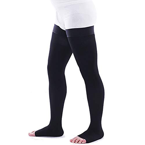 JUST CARE Compression Stockings for Men and Women, Thigh High Length, Points, Open Toe (L, Black)