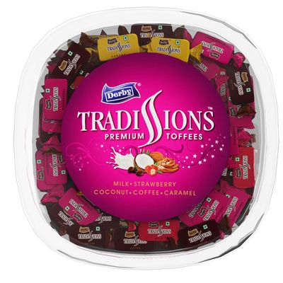Derby Tradissions Assorted Toffees (Milk, Coconut, Coffee, Caramel, Strawberry) in Transparent Gift Pack Jar / Return Gifts for Birthday to Your Family and Friends 300 GMS / Christmas Gift / Anniversary Gift/ Near Year Gift