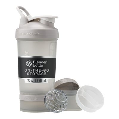 BlenderBottle Shaker Bottle with Pill Organizer and Storage for Protein Powder, ProStak System, 22-Ounce, Smoke Grey