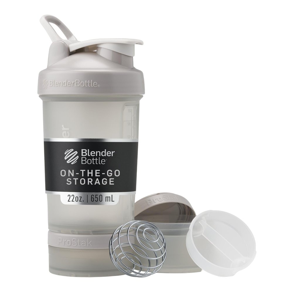 BlenderBottle Shaker Bottle with Pill Organizer and Storage for Protein Powder, ProStak System, 22-Ounce, Smoke Grey