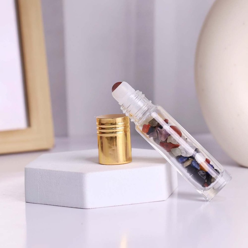 9Dzine Multicolor Chips Roller Bottle Face Massager,Glass Roll On Bottle Essential Oils,Refillable Roller Bottle With Natural Healing Crystal Chips-Multicolor