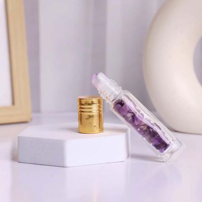 9Dzine Amethyst Roller Bottle Face Massager,Glass Roll On Bottle Essential Oils,Refillable Roller Bottle With Natural Healing Crystal Amethyst Chips-Purple