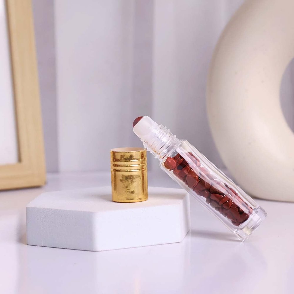 9Dzine Red Jasper Roller Bottle Face Massager,Glass Roll On Bottle For Essential Oils,Refillable Roller Bottle With Natural Healing Crystal Red Jasper Chips-Red