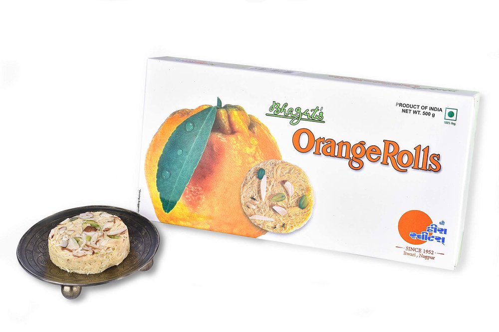 Bhagat's Heera Sweets Sonroll Orange Flavoured | Son Roll Box 500 Gram Original Delicious Son Roll With Almonds And Pistachio Garnished | Soft Flaky Sweets Mithai | Preservatives Free (Pack Of 1)