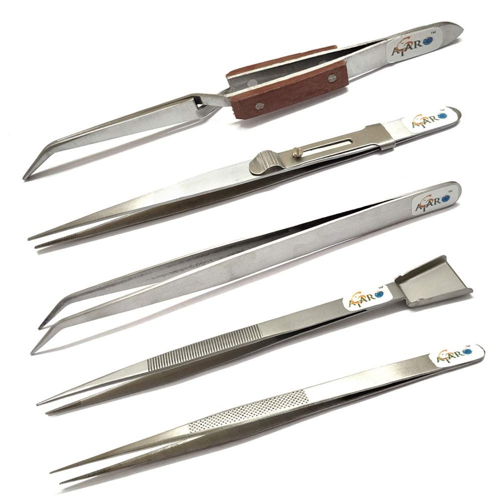 ATAR Jewelry Gem Diamond Tweezers Holder Pickup Tools for Jewelers, Goldsmith & Beadsmith || Slide Lock Curved Straight Tweezer For Jewelry Making 5 Pcs.