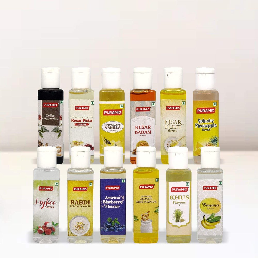 Puramio Liquid Food Concentrated Flavours,(Pack of 12 x 30ml each), (Vanilla, Pineapple, Coffee, Almond Milk, Blueberry, Khus, Kesar Pista, Kesar Badam, Kesar Kulfi, Rabri, Lychee, Banana)