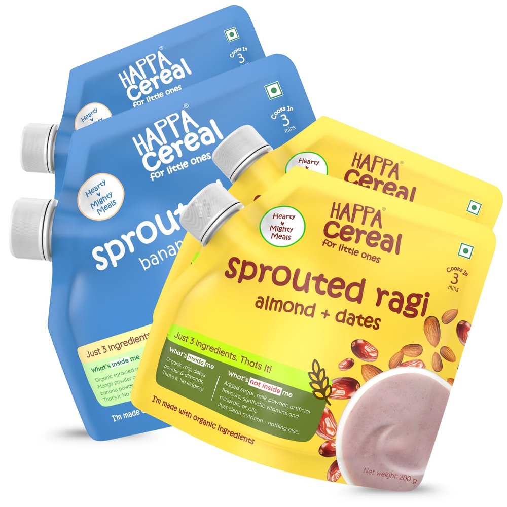 Happa Organic Baby Food Porridge Mix Cereal (Pack of 4 (200 G), Ragi + Almonds + Dates & Ragi + Mango + Banana)