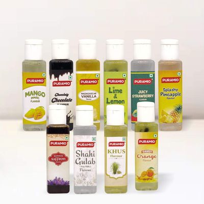 Puramio Liquid Food Concentrated Flavours (Pack of 10 x 30ml each), (VANILLA, ROSE, PINEAPPLE, ORANGE, LEMON, KHUS, SAFFRON, STRAWBERRY, MANGO, CHOCOLATE)